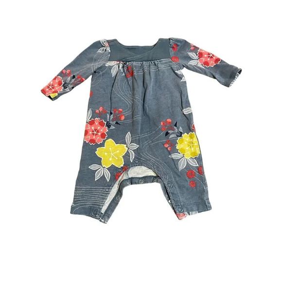 Tea Baby Onesie SZ 0-3 M Floral Long Sleeve Gray Blue Snap Button‎ V-Neck - Picture 1 of 3